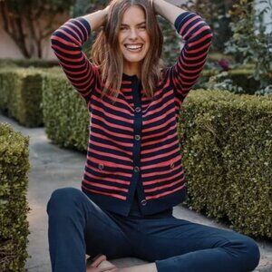 NWOT J Jill Women's Navy Blue Pink Stripe Cardigan Knit Coastal Size XS Petite